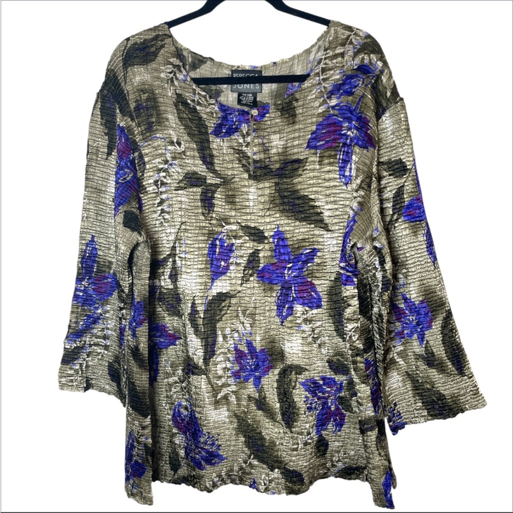 Rebecca Jones Women’s 1X Metallic Floral Crinkle Blouse Gold Purple Lagenlook
